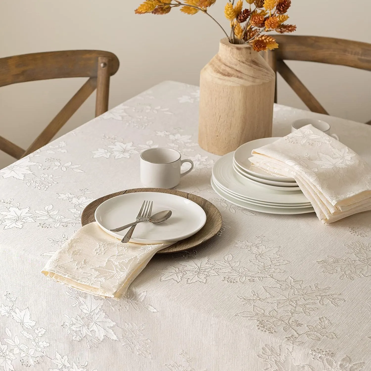 Benson Mills Tablecloth, Countryside Leaves Damask Fabric Table Cloth for Fall, Harvest & Thanksgiving (Ivory, 60" x 84" Rectangular)