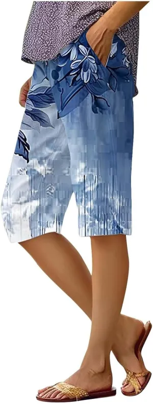 Bermuda Shorts for Women Summer High Waisted Knee Length Boho Floral Pants 2025 Beach Vacation Outfit with Pockets