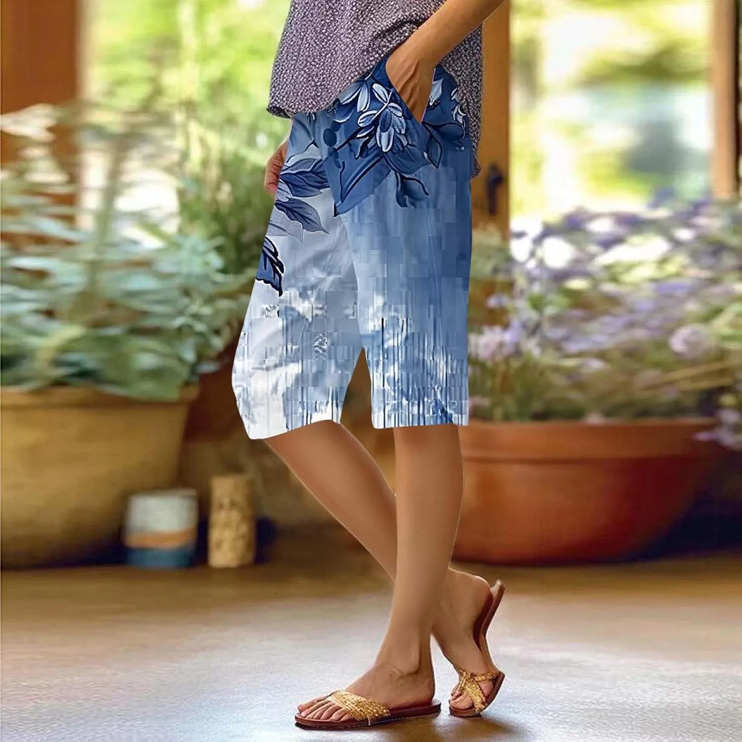 Bermuda Shorts for Women Summer High Waisted Knee Length Boho Floral Pants 2025 Beach Vacation Outfit with Pockets