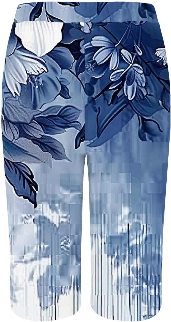 Bermuda Shorts for Women Summer High Waisted Knee Length Boho Floral Pants 2025 Beach Vacation Outfit with Pockets