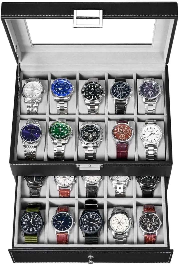 BEWISHOME Watch Box Organizer 20 Men Display Storage Case Metal Hinge Black PU Leather Glass Top Large Holder SSH04B