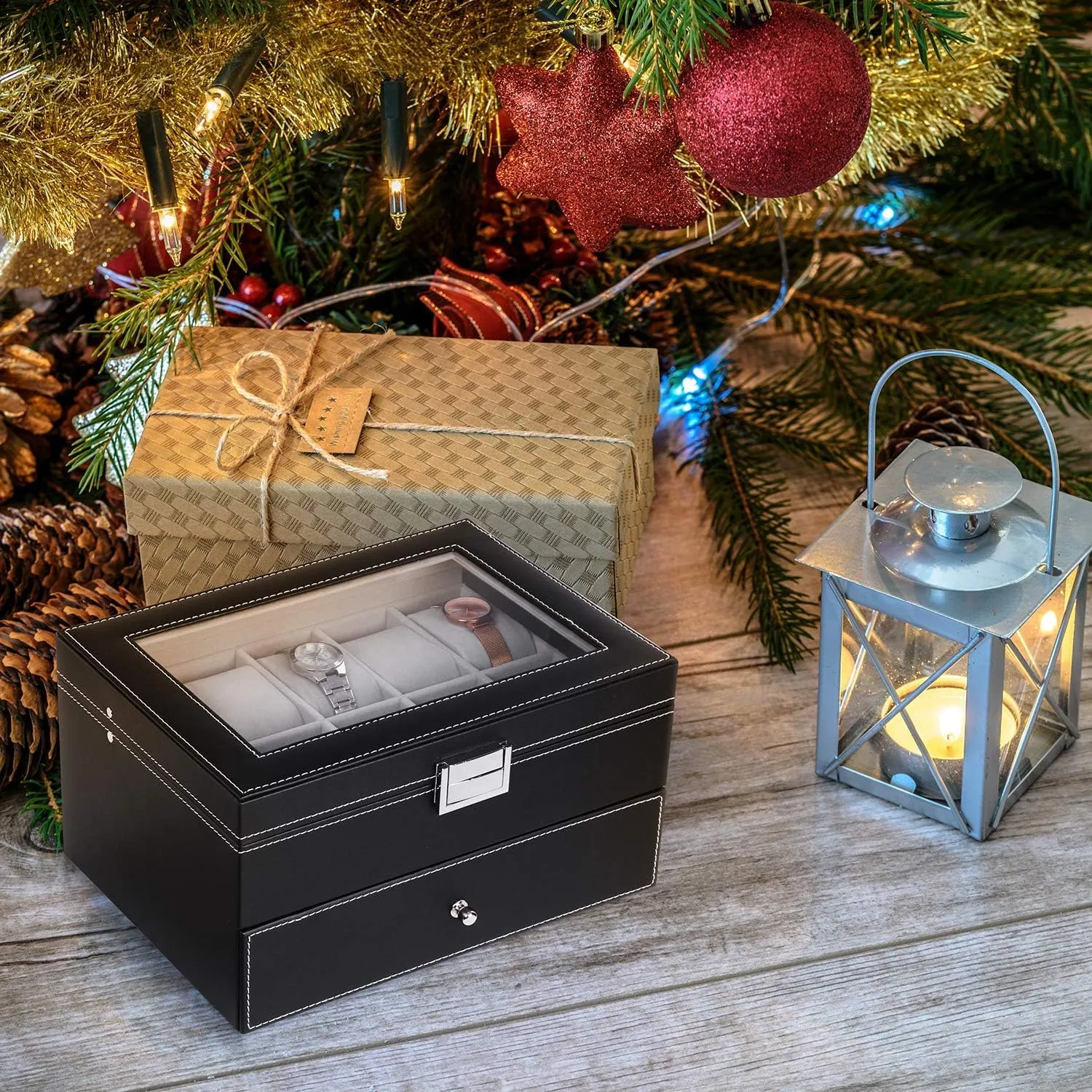 BEWISHOME Watch Box Organizer 20 Men Display Storage Case Metal Hinge Black PU Leather Glass Top Large Holder SSH04B