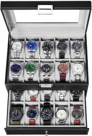 BEWISHOME Watch Box Organizer 20 Men Display Storage Case Metal Hinge Black PU Leather Glass Top Large Holder SSH04B