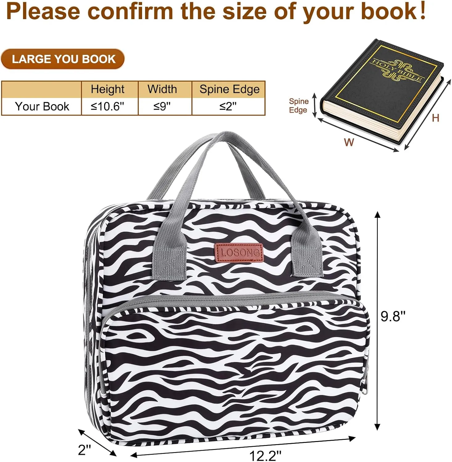 Bible Cover for Women, Large Bible Carrying Book Case with Handle & Multi-Pockets Organizer Church Tote for Girls Catholic Christian Gifts, Fits for Study Bible Bag Zebra