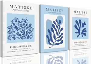 BingruiArt Boho Flower Wall Art Abstract Matisse Canvas Navy Blue Set of 3 Minimalist Plant Leaves Painting Pictures Aesthetic Prints Home Decor for Living Room Bedroom Bathroom 12"x16" Framed