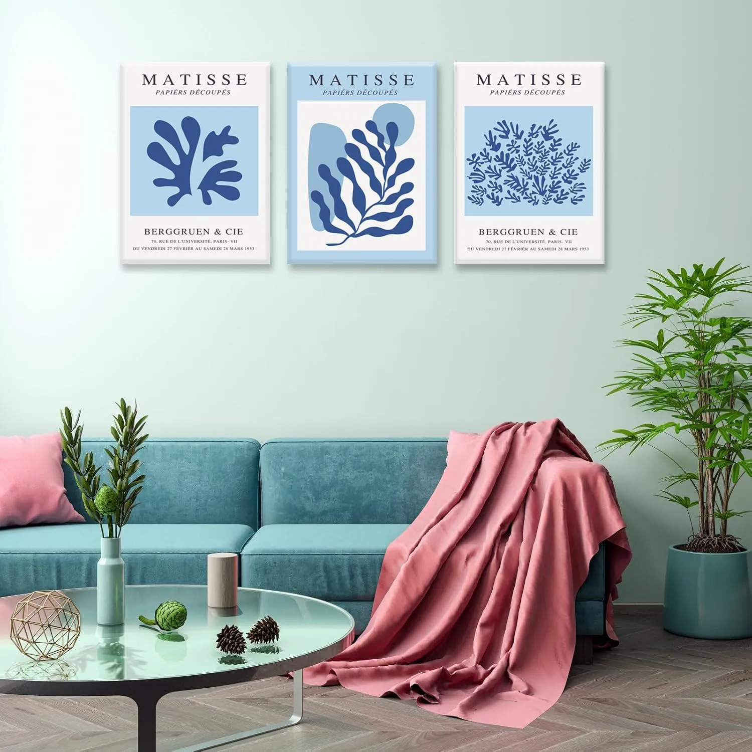 BingruiArt Boho Flower Wall Art Abstract Matisse Canvas Navy Blue Set of 3 Minimalist Plant Leaves Painting Pictures Aesthetic Prints Home Decor for Living Room Bedroom Bathroom 12"x16" Framed