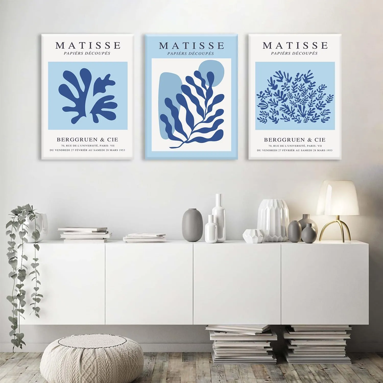 BingruiArt Boho Flower Wall Art Abstract Matisse Canvas Navy Blue Set of 3 Minimalist Plant Leaves Painting Pictures Aesthetic Prints Home Decor for Living Room Bedroom Bathroom 12"x16" Framed