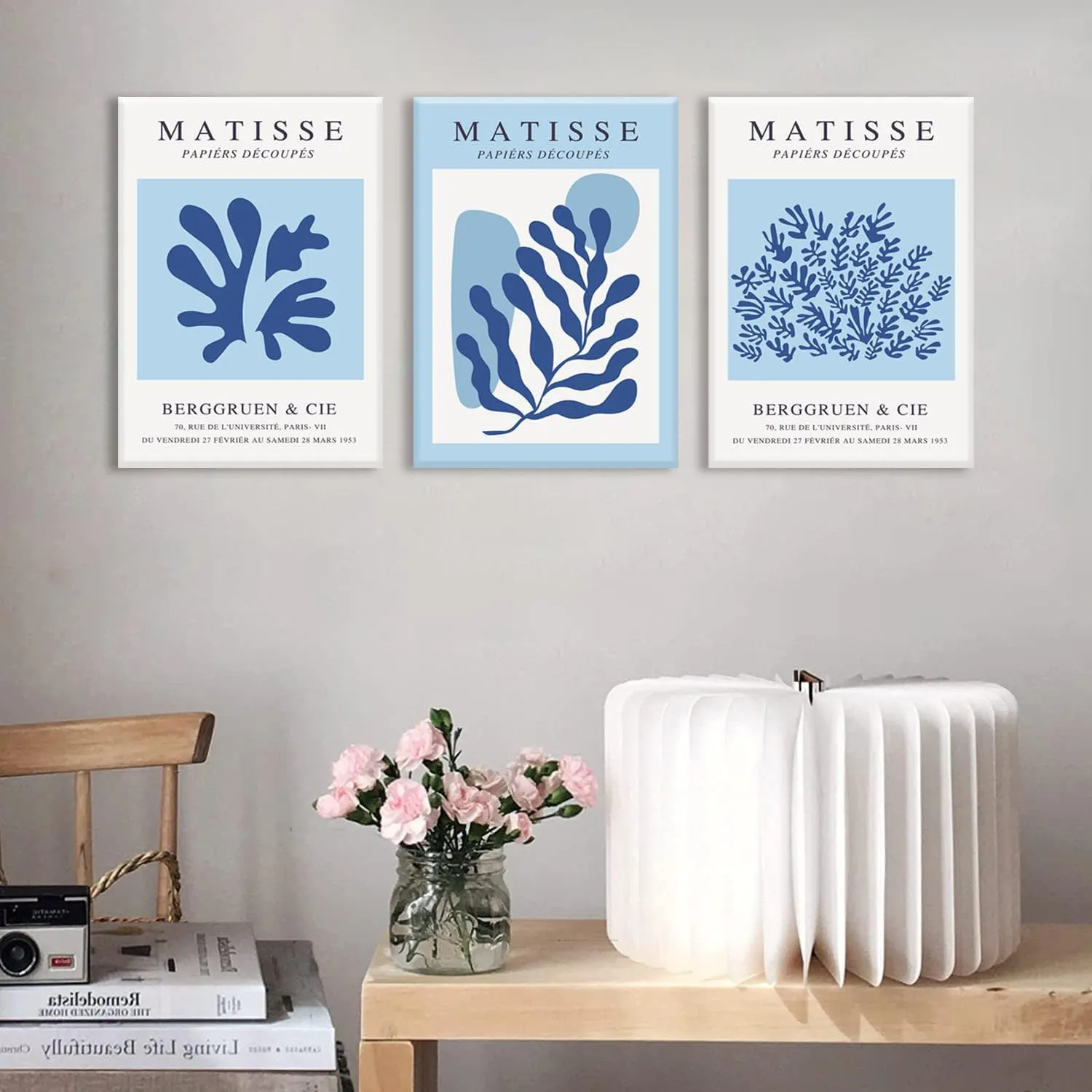 BingruiArt Boho Flower Wall Art Abstract Matisse Canvas Navy Blue Set of 3 Minimalist Plant Leaves Painting Pictures Aesthetic Prints Home Decor for Living Room Bedroom Bathroom 12"x16" Framed