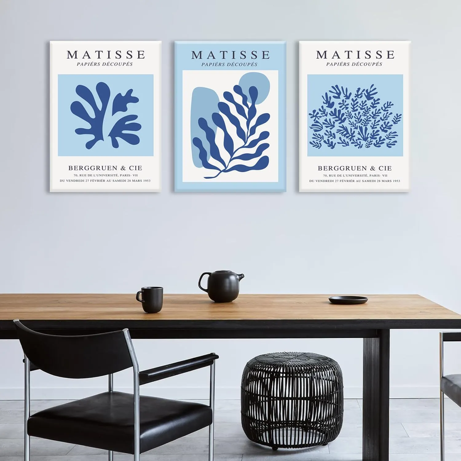 BingruiArt Boho Flower Wall Art Abstract Matisse Canvas Navy Blue Set of 3 Minimalist Plant Leaves Painting Pictures Aesthetic Prints Home Decor for Living Room Bedroom Bathroom 12"x16" Framed