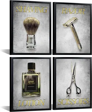 Biuteawal Vintage Barbershop Wall Art Shave Trim Style Print on Canvas Stylish Mens Picture Wall Decor 4 Panel Fashion Painting Hair Salon Home Men Bedroom Bathroom Decoration