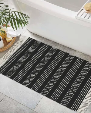 Black Boho Entryway Rug 2X3 Ft Bathroom Mat, Washable Woven Throw Carpet with Tassel, Neutral Farmhouse Geometric Striped Aesthetic Non-Shedding Indoor Outdoor Kitchen Doormats