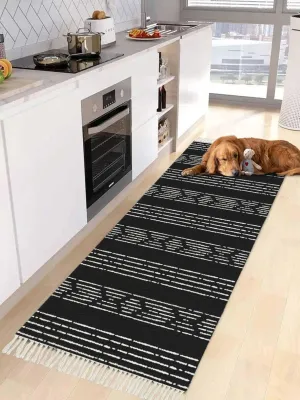 Black Boho Kitchen Hallway Runner Rug 2X5 Ft Carpet, Washable Woven Throw Carpet with Tassel, Neutral Farmhouse Geometric Striped Aesthetic Non-Shedding Entryway Laundry Rugs