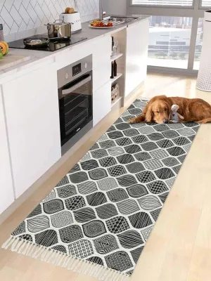Black Boho Kitchen Hallway Runner Rug 2X5 Ft Carpet, Washable Woven Throw Carpet with Tassel, Vintage Farmhouse Tribal Abstract Plaid Art Non-Shedding Entryway Laundry Rugs
