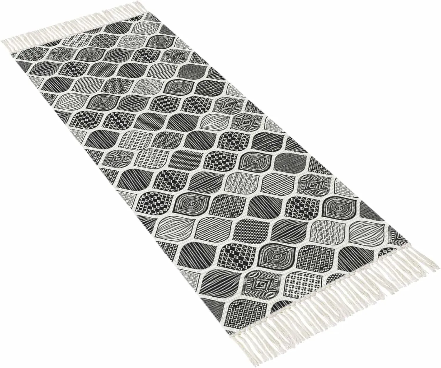 Black Boho Kitchen Hallway Runner Rug 2X5 Ft Carpet, Washable Woven Throw Carpet with Tassel, Vintage Farmhouse Tribal Abstract Plaid Art Non-Shedding Entryway Laundry Rugs