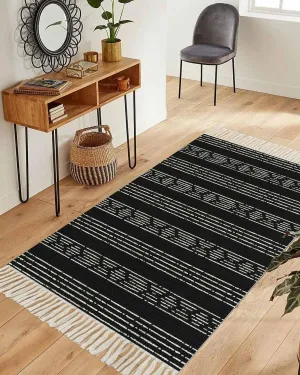 Black Boho Runner Rug 3X5 Ft Bedroom Area Rug, Washable Woven Throw Carpet with Tassel, Neutral Farmhouse Geometric Striped Aesthetic Non-Shedding Dining Room Living Room Carpets