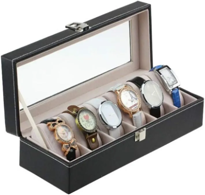 Black Wooden Display Storage Box Watch Jewelry Box Watch Box 6-bit Pu Watch Box Father's Day Anniversary Birthday Gift for Men and Women