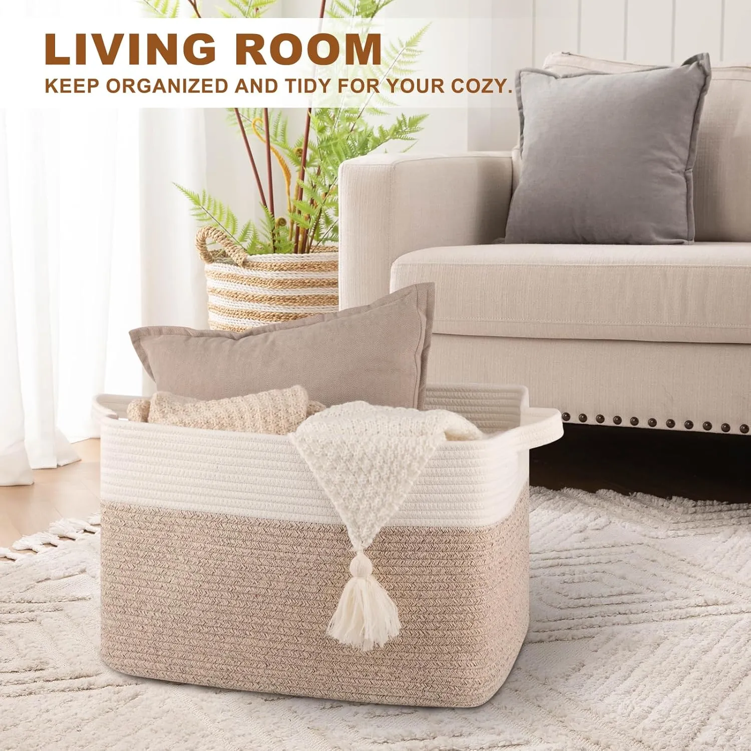 Blanket Basket and Storage Bin for Living Room and Kids' Toys, Woven Cotton Rope Basket with Handles, 20" x 16" x 12", Brown and White