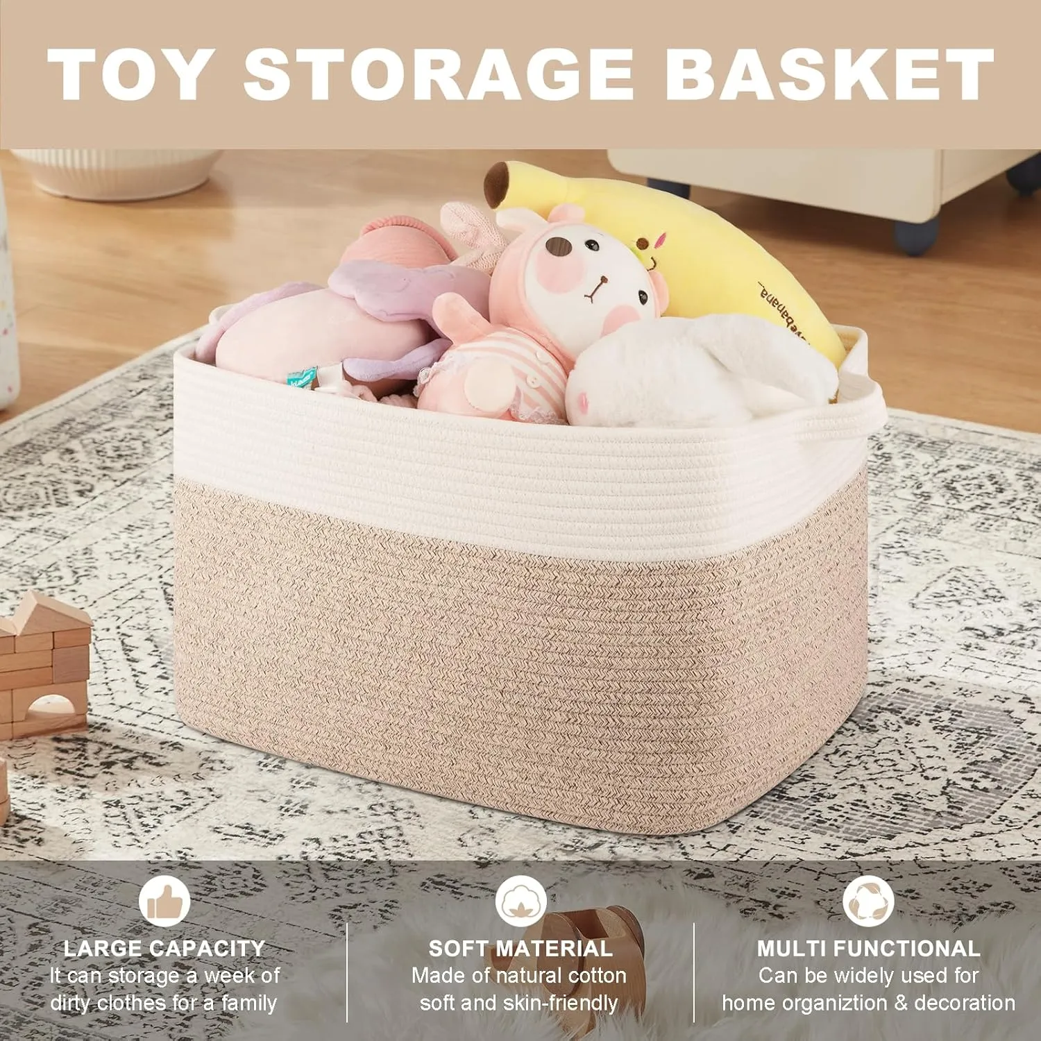 Blanket Basket and Storage Bin for Living Room and Kids' Toys, Woven Cotton Rope Basket with Handles, 20" x 16" x 12", Brown and White