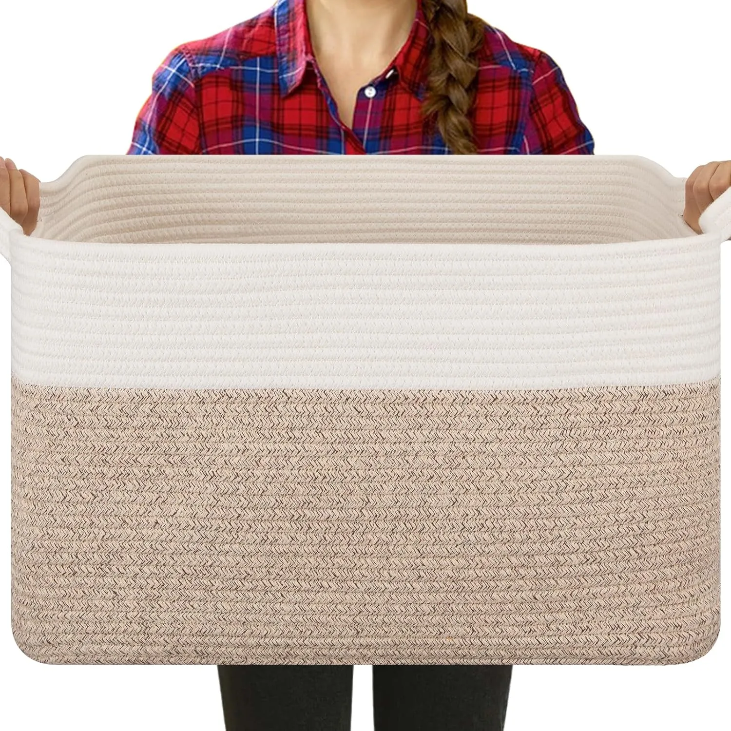 Blanket Basket and Storage Bin for Living Room and Kids' Toys, Woven Cotton Rope Basket with Handles, 20" x 16" x 12", Brown and White
