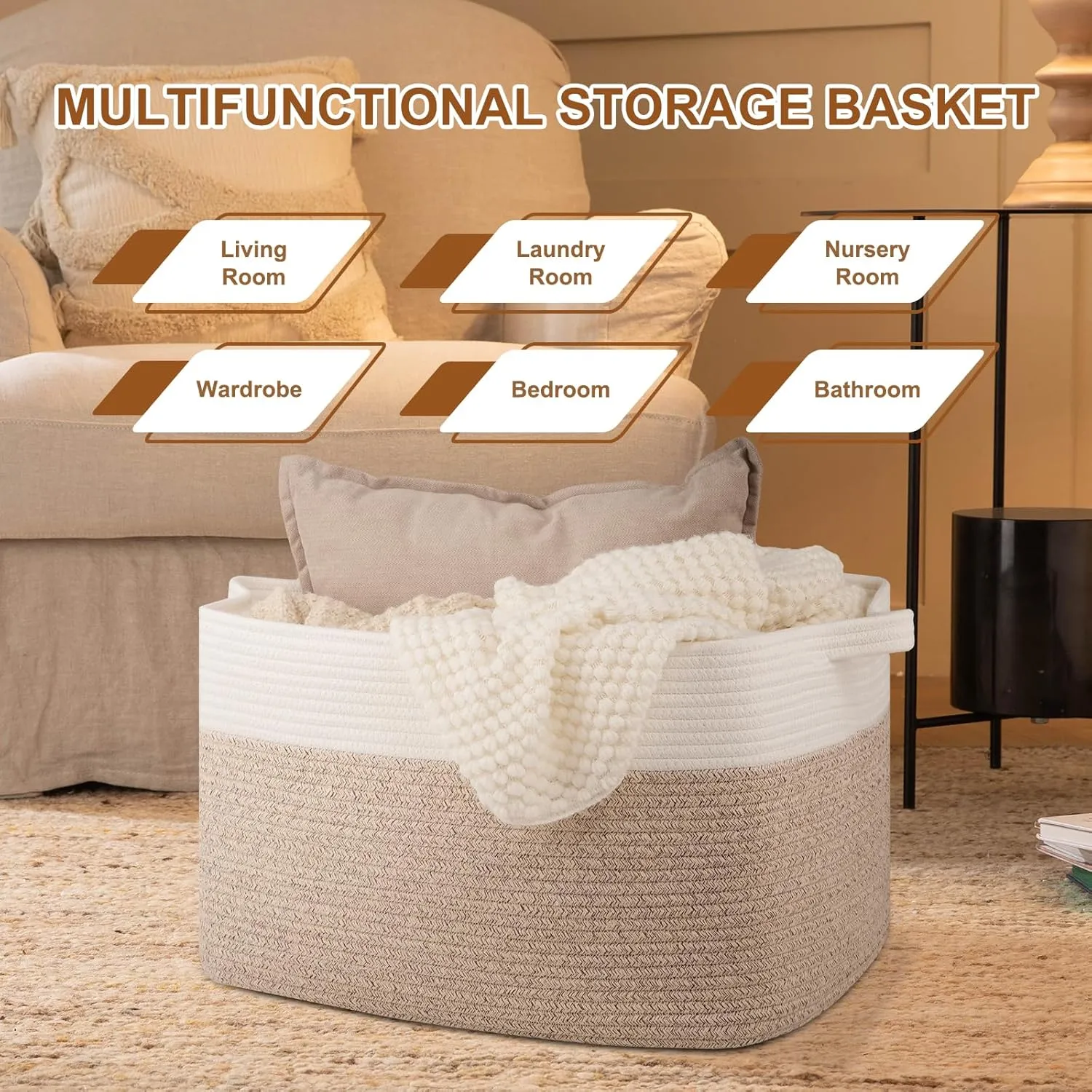Blanket Basket and Storage Bin for Living Room and Kids' Toys, Woven Cotton Rope Basket with Handles, 20" x 16" x 12", Brown and White
