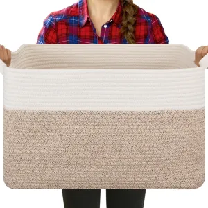 Blanket Basket and Storage Bin for Living Room and Kids' Toys, Woven Cotton Rope Basket with Handles, 20" x 16" x 12", Brown and White