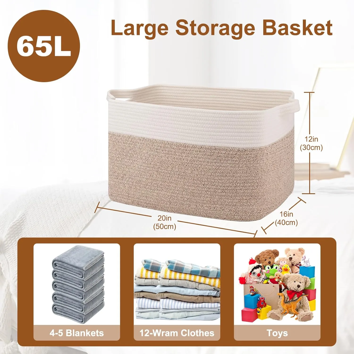 Blanket Basket and Storage Bin for Living Room and Kids' Toys, Woven Cotton Rope Basket with Handles, 20" x 16" x 12", Brown and White