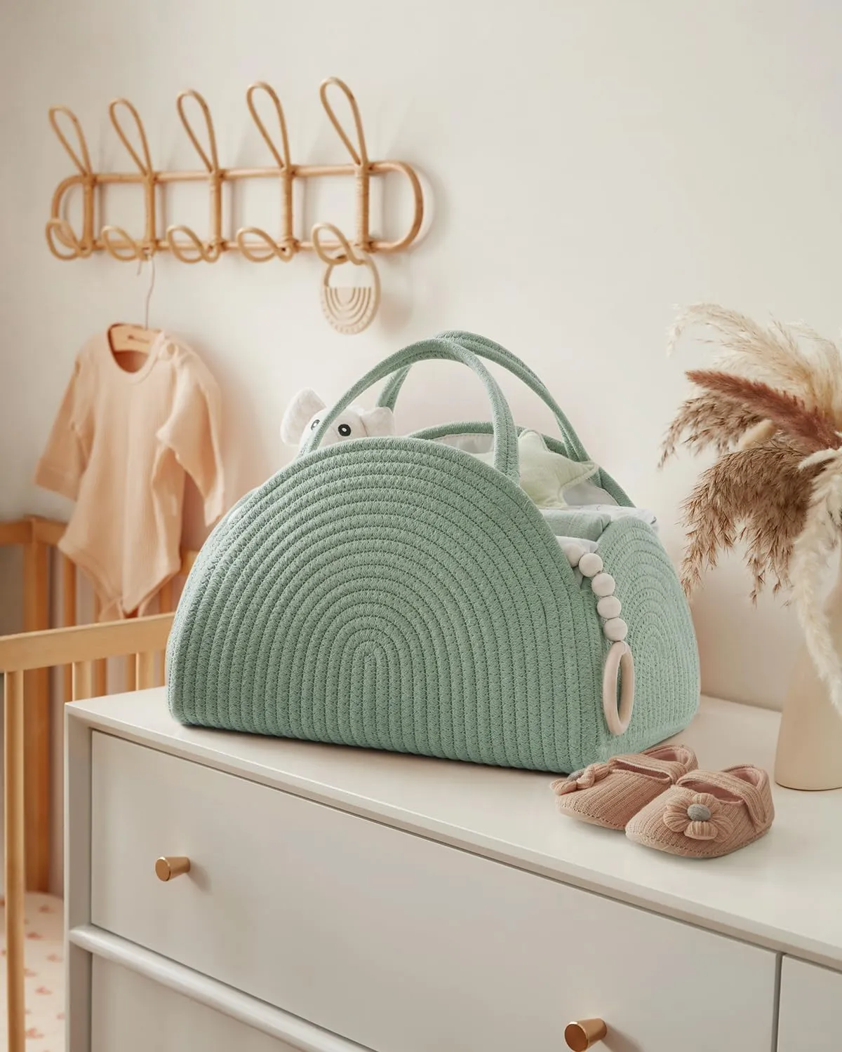 Blissful Diary Baby Diaper Caddy Organizer, Cotton Rope Diaper Caddy Basket, Large Storage Basket for Newborn Boys and Girls, Gift for Baby Shower List, Newborn Essentials, Roman Green