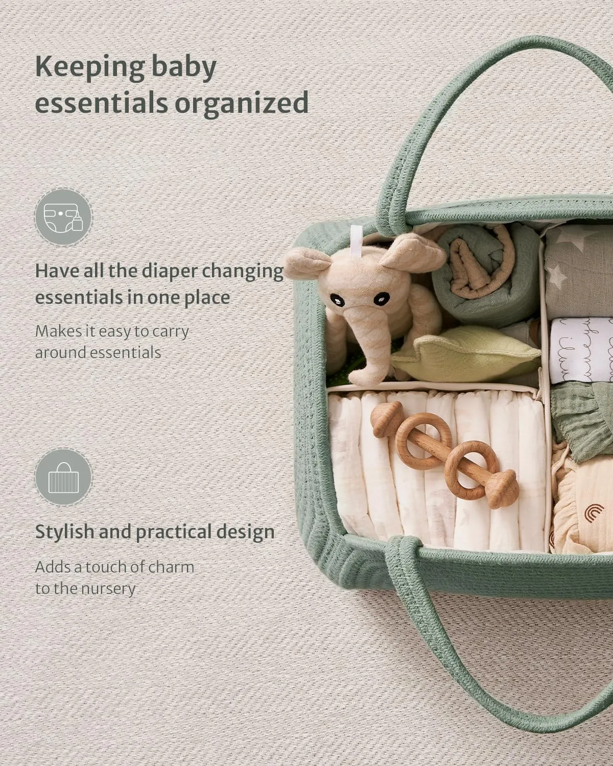 Blissful Diary Baby Diaper Caddy Organizer, Cotton Rope Diaper Caddy Basket, Large Storage Basket for Newborn Boys and Girls, Gift for Baby Shower List, Newborn Essentials, Roman Green
