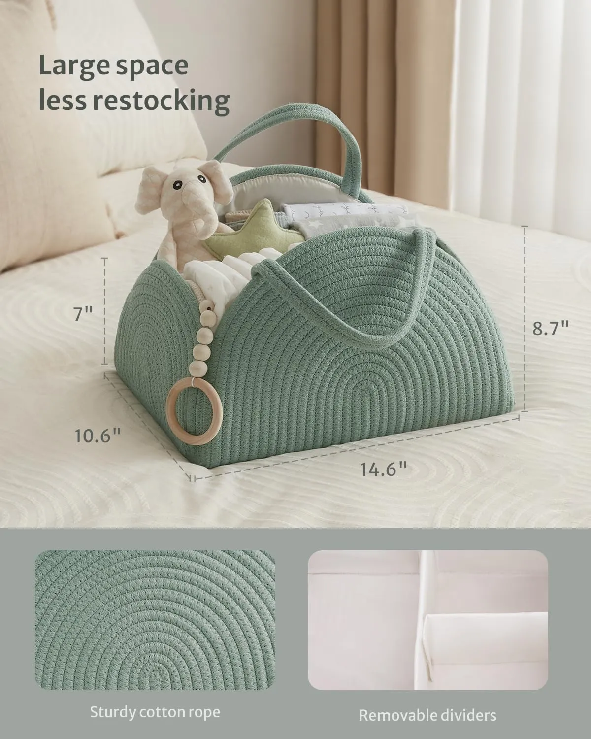 Blissful Diary Baby Diaper Caddy Organizer, Cotton Rope Diaper Caddy Basket, Large Storage Basket for Newborn Boys and Girls, Gift for Baby Shower List, Newborn Essentials, Roman Green