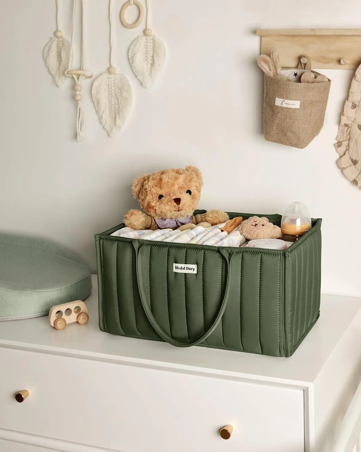 Blissful Diary Baby Diaper Caddy Organizer, Stylish Storage Basket for Newborn Essentials and Diaper Station, Gift for Baby Shower and Registry Must-Have, Deep Green