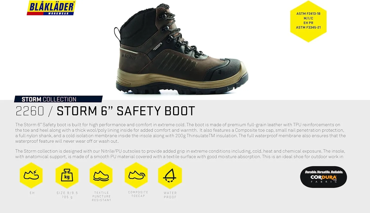 BLÅKLÄDER 2260 Storm 6" Safety Boot – Full-Grain Leather, Composite Toe, 200g Thinsulate™ Insulation, Nitrile/PU Extreme Grip Outsole, Waterproof, Electrical Hazard Protection,