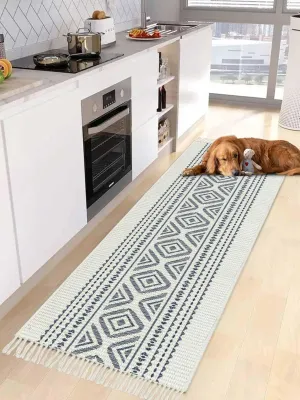 Blue Boho Runner Rug 2X4 Ft Entryway Outdoor Indoor Mat, Washable Woven Throw Carpet with Tassel, Bohemian Tribe Country Geometric Stripes Non-Shedding Hallway Bath Mats