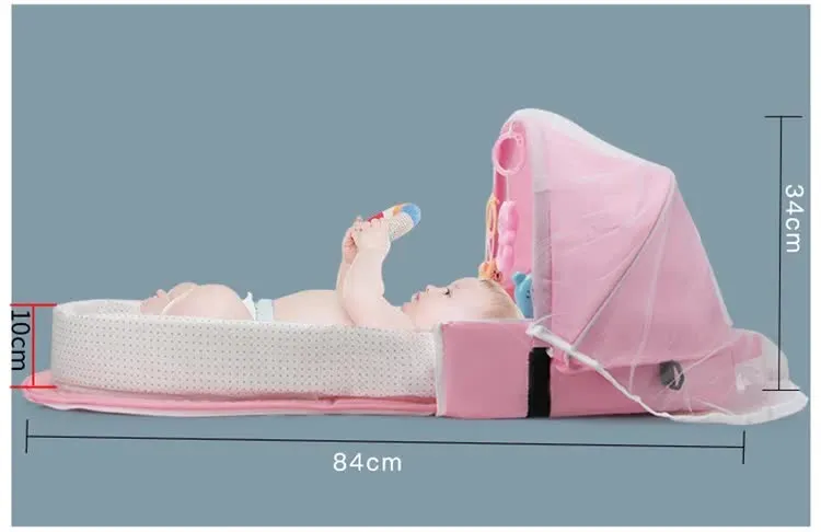 Blue Portable Multi-Purpose Baby Bed and Diaper Backpack – Lightweight, Waterproof, Canvas   Polyester Material, Travel Essential for Moms(With mosquito net and small toys)