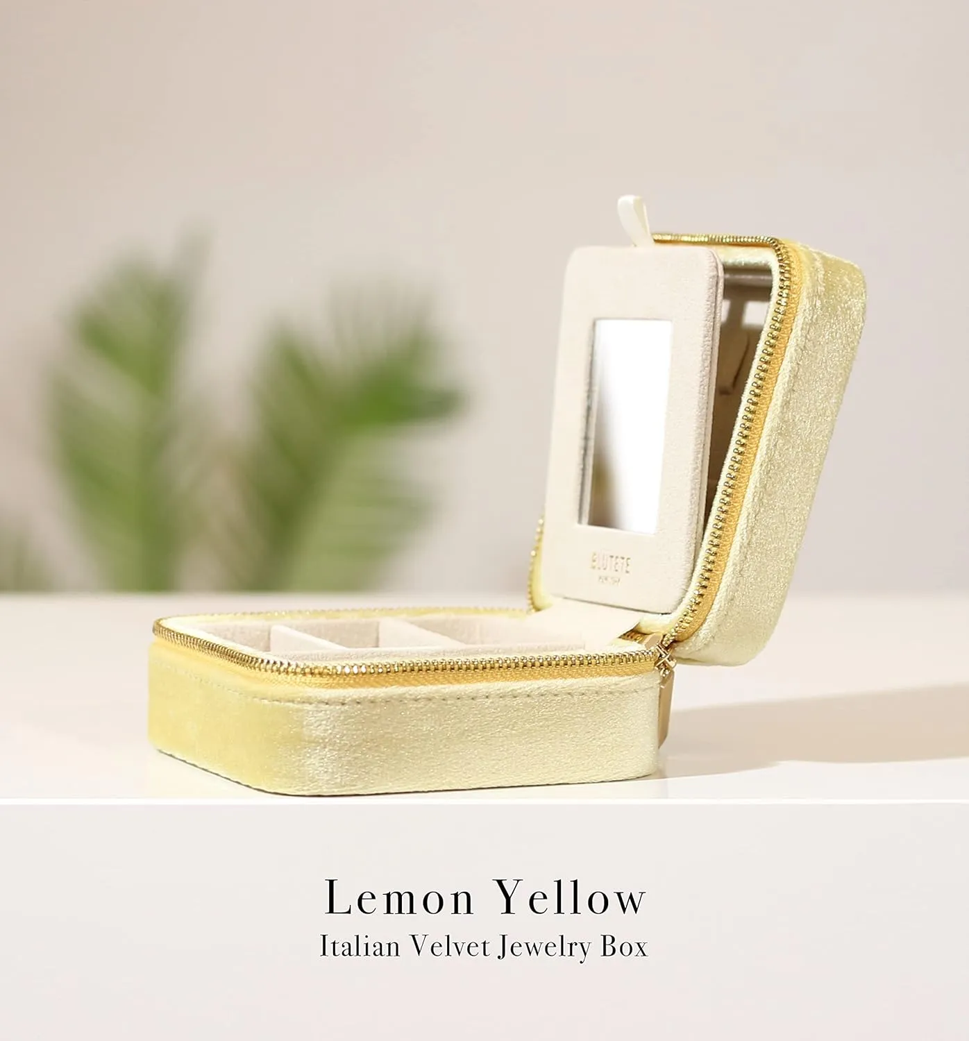 BLUTETE Travel Jewelry Box Organizer Velvet Travel Case With Mirror Ring Earrings Necklaces Storage Organizer Box (Lemon Yellow)
