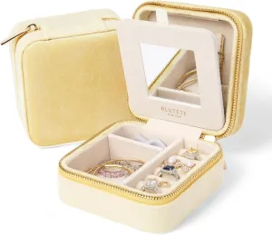 BLUTETE Travel Jewelry Box Organizer Velvet Travel Case With Mirror Ring Earrings Necklaces Storage Organizer Box (Lemon Yellow)