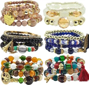 Bohemian Bracelet Sets for Women - 6 Sets Stackable Stretch Bracelets Multi-color Boho Jewelry for Women Hippie Bracelets Dainty Jewelry