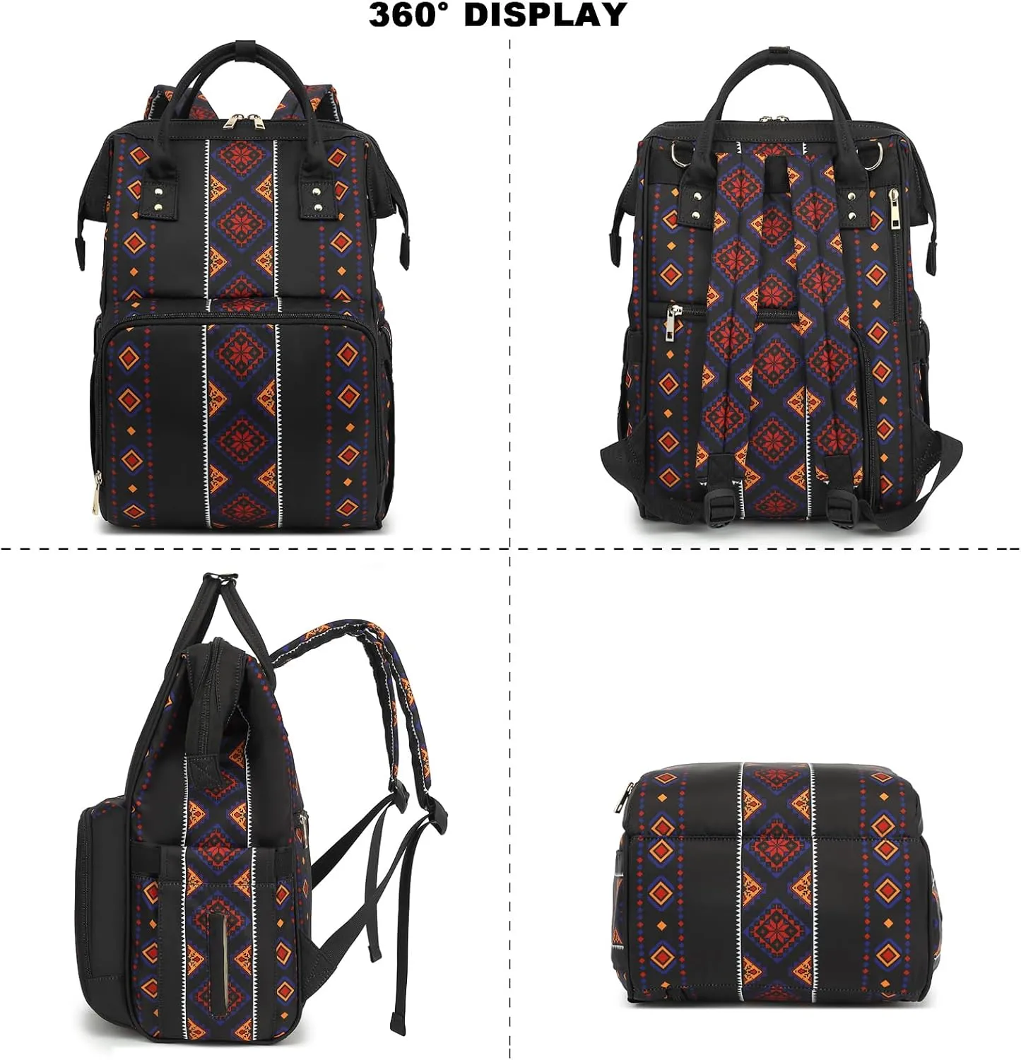 Boho Diaper Bag Backpack for Mom Dad, Multifunctional Bohemia Baby Nappy Backpack with Stroller Straps Insulated Pockets (Black)
