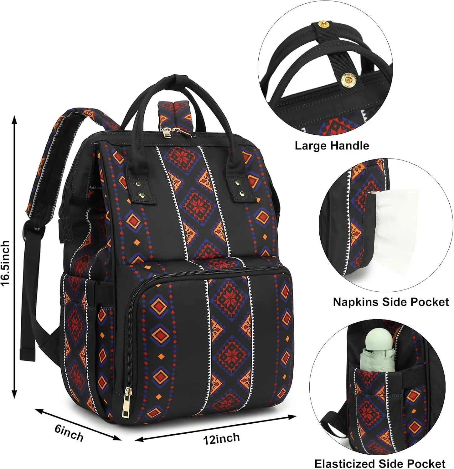 Boho Diaper Bag Backpack for Mom Dad, Multifunctional Bohemia Baby Nappy Backpack with Stroller Straps Insulated Pockets (Black)