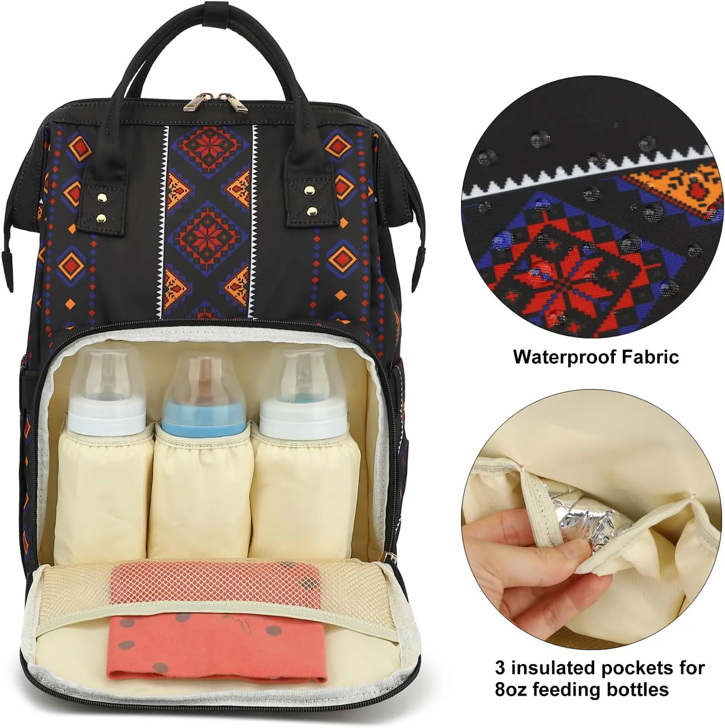 Boho Diaper Bag Backpack for Mom Dad, Multifunctional Bohemia Baby Nappy Backpack with Stroller Straps Insulated Pockets (Black)