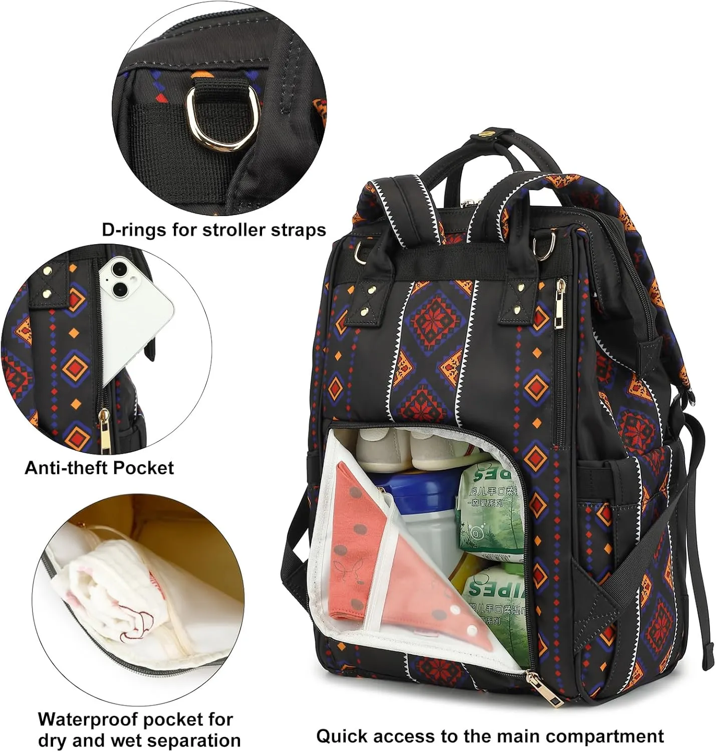 Boho Diaper Bag Backpack for Mom Dad, Multifunctional Bohemia Baby Nappy Backpack with Stroller Straps Insulated Pockets (Black)