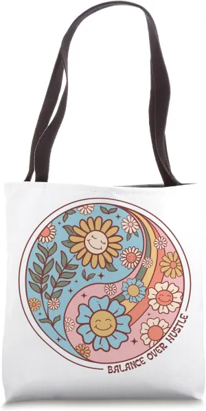 Boho Flowers Harmonious Balance Life Symbol Graphic Yin Yang Tote Bag