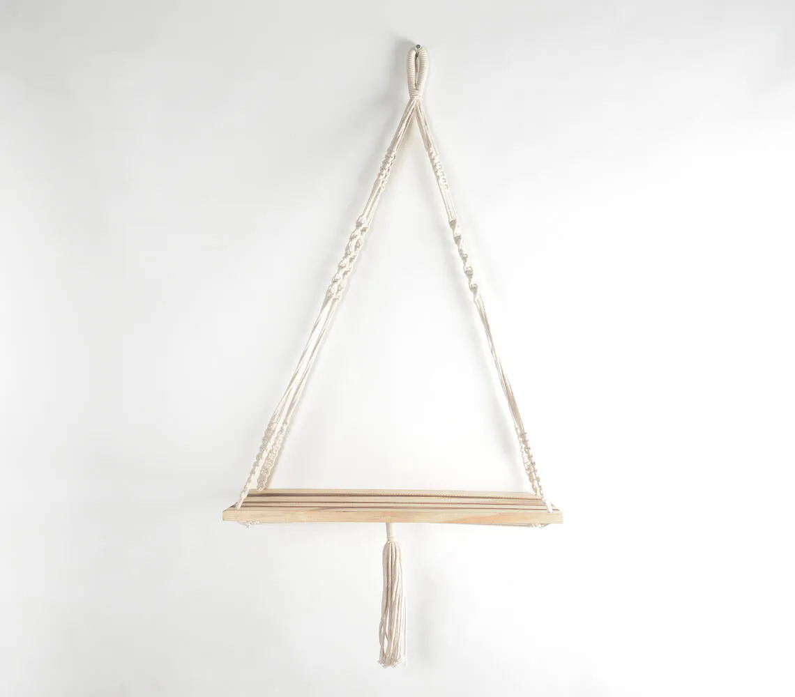 Boho Macrame & Wooden Hanging Wall Shelf