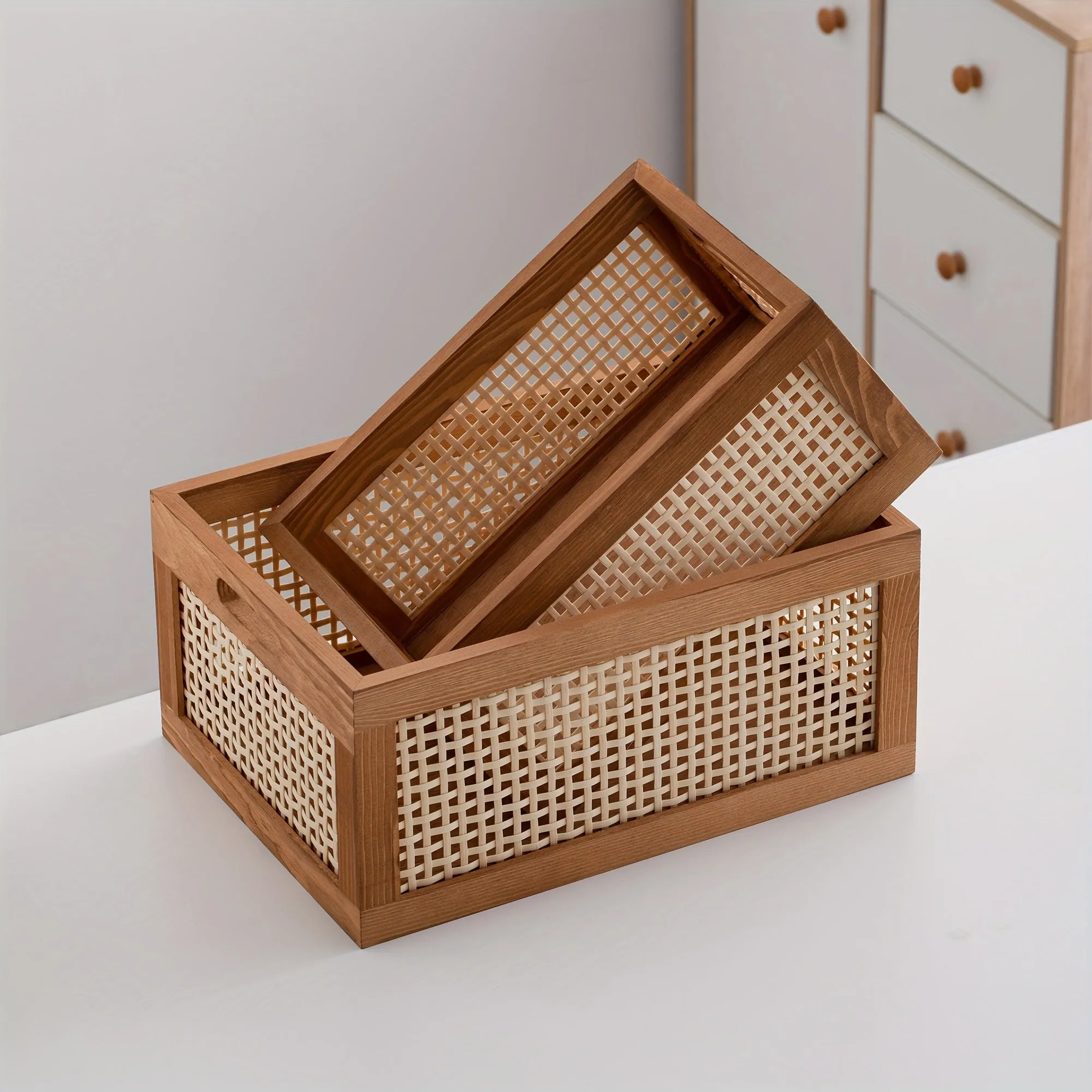 Boho Style Rattan Wooden Storage Basket - HH9L