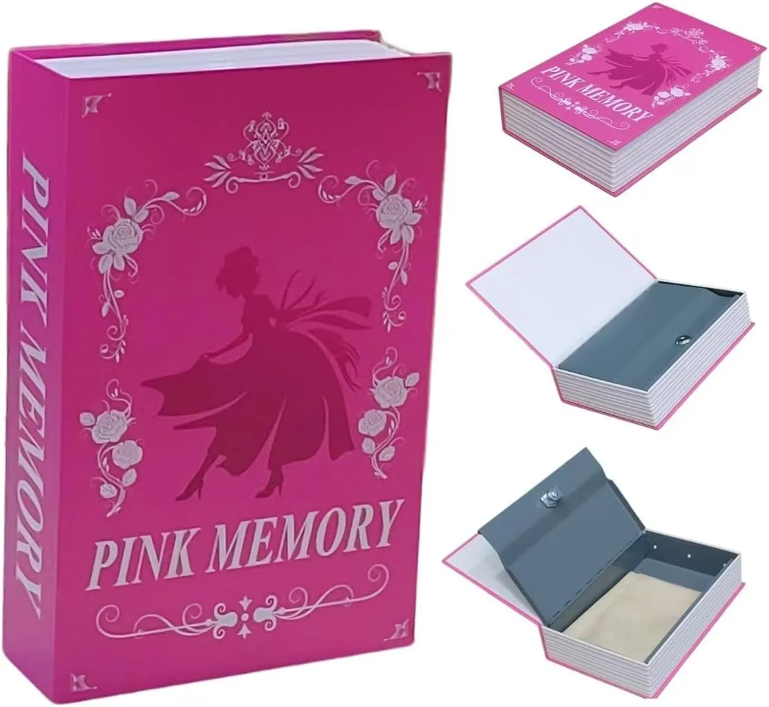 Book Safe with Key Lock - Hidden Compartment Security Box for Cash, Jewelry & Passports | Portable Steel Lockbox for Home, Office, Travel | 9.5"x6.2"x2.2" | Cosmetic Bag Included(Pink Memory)