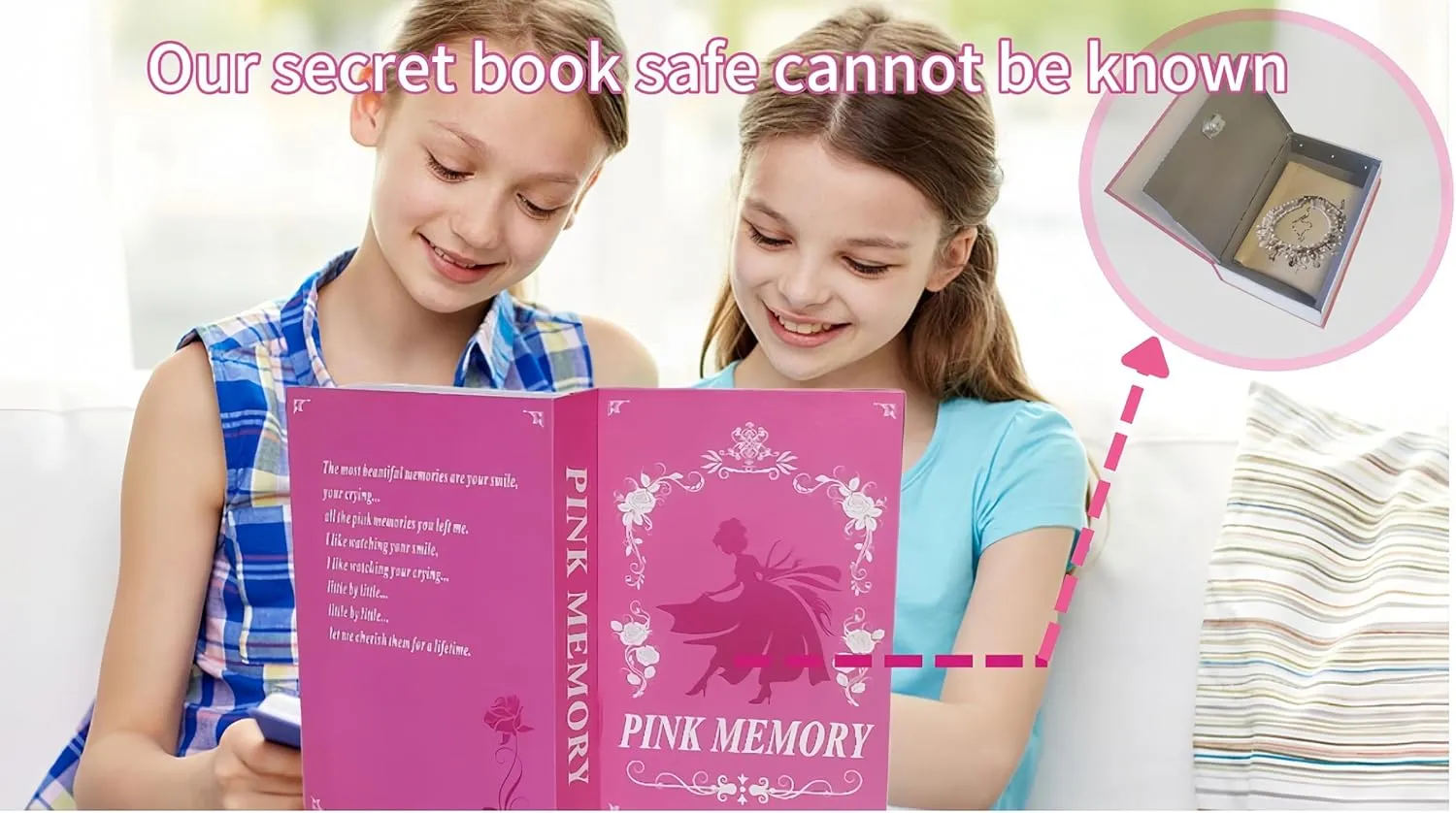 Book Safe with Key Lock - Hidden Compartment Security Box for Cash, Jewelry & Passports | Portable Steel Lockbox for Home, Office, Travel | 9.5"x6.2"x2.2" | Cosmetic Bag Included(Pink Memory)