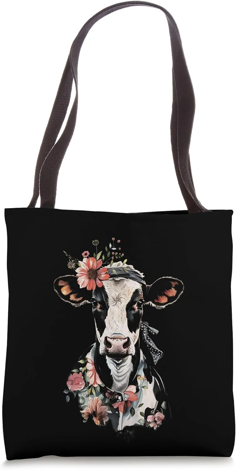 Bovine Botanical Beauty Stylish Cow Florals Foliage Tote Bag