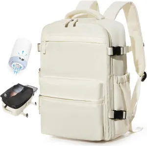 BOXSAM Large Vacuum Travel Backpack with Pump for Women,Airback Personal Item Carry on Backpacks Flight Approved 18x14x8 inches for Men,Laptop Waterproof Work Compression bags Casual Daypack,Beige