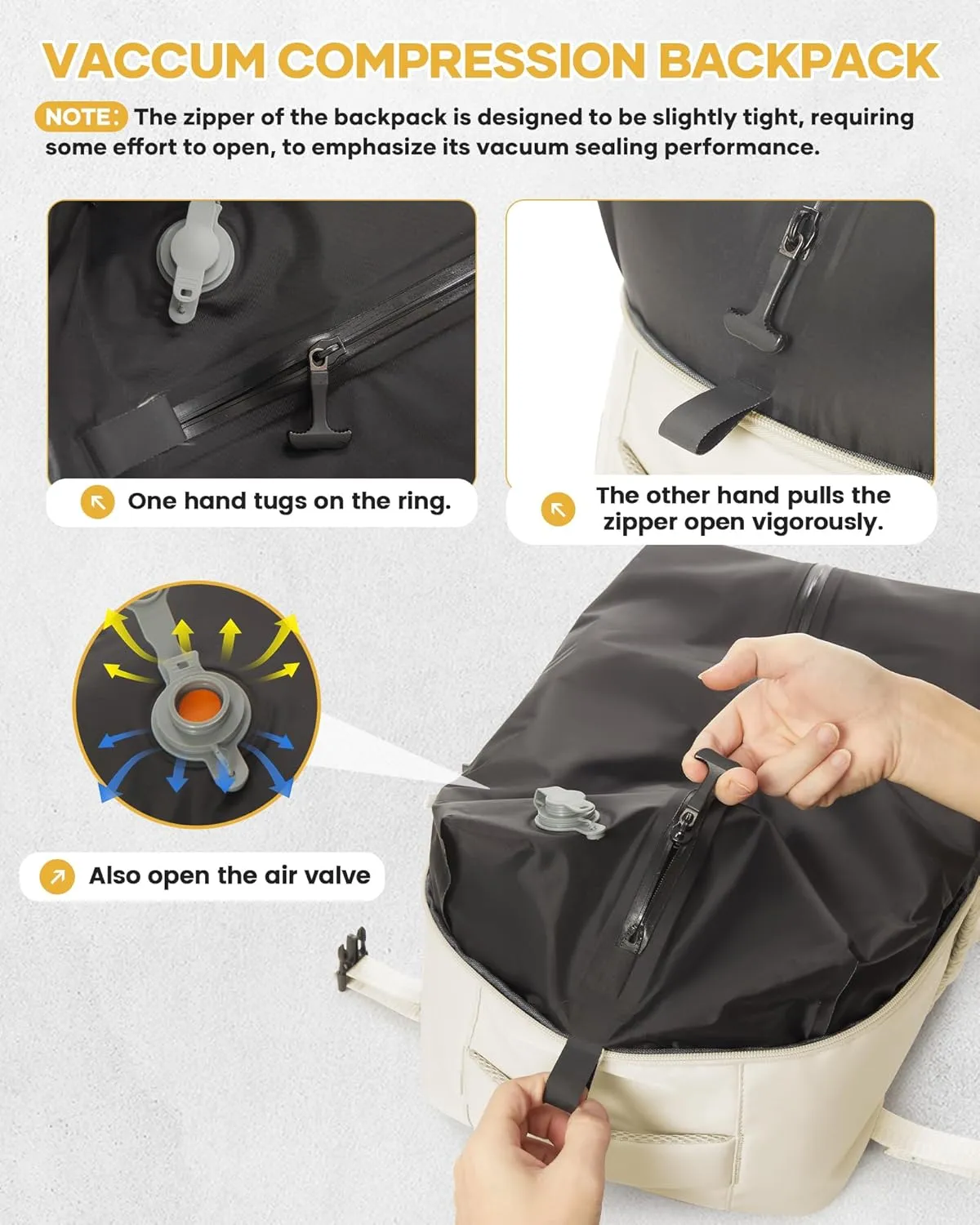 BOXSAM Large Vacuum Travel Backpack with Pump for Women,Airback Personal Item Carry on Backpacks Flight Approved 18x14x8 inches for Men,Laptop Waterproof Work Compression bags Casual Daypack,Beige