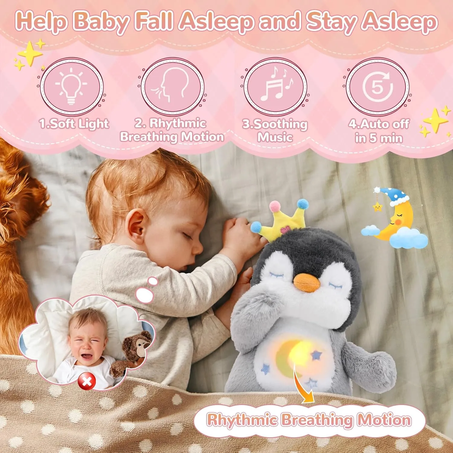 Breathing Stuffed Animal, Soothe Snuggle Penguin Plush, Sleep Buddy Soothing Breathing Stuffed Penguin for Anxiety Adults and Kids, Penguin Plushie with Realistic Breathing and Lights Music