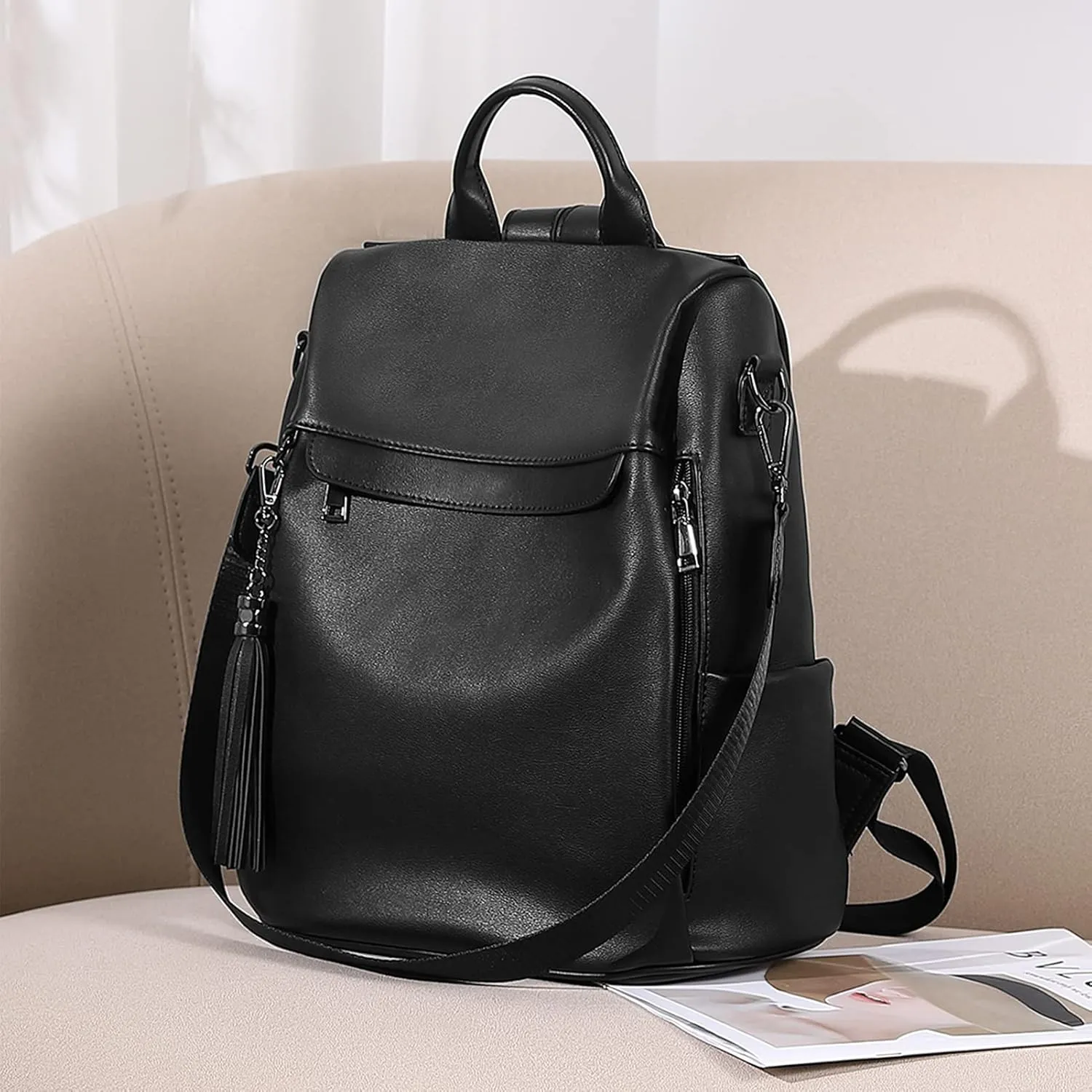 BROMEN Backpack Purse for Women Leather Anti Theft Travel Fashion Shoulder Bag Black